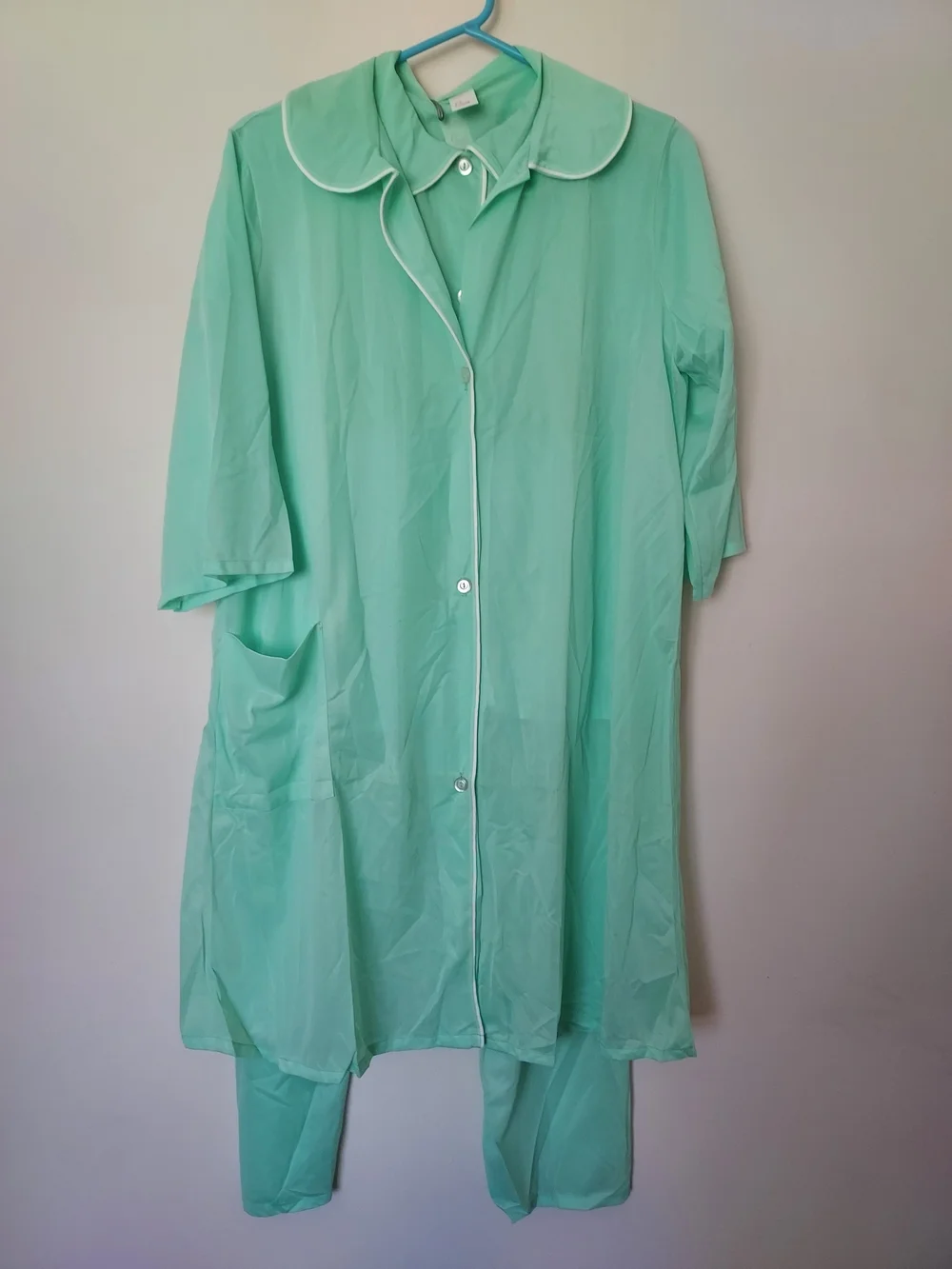 Vintage Sears Mint Green Three-Piece Pajama Robe Set White Piping Size 36 Large